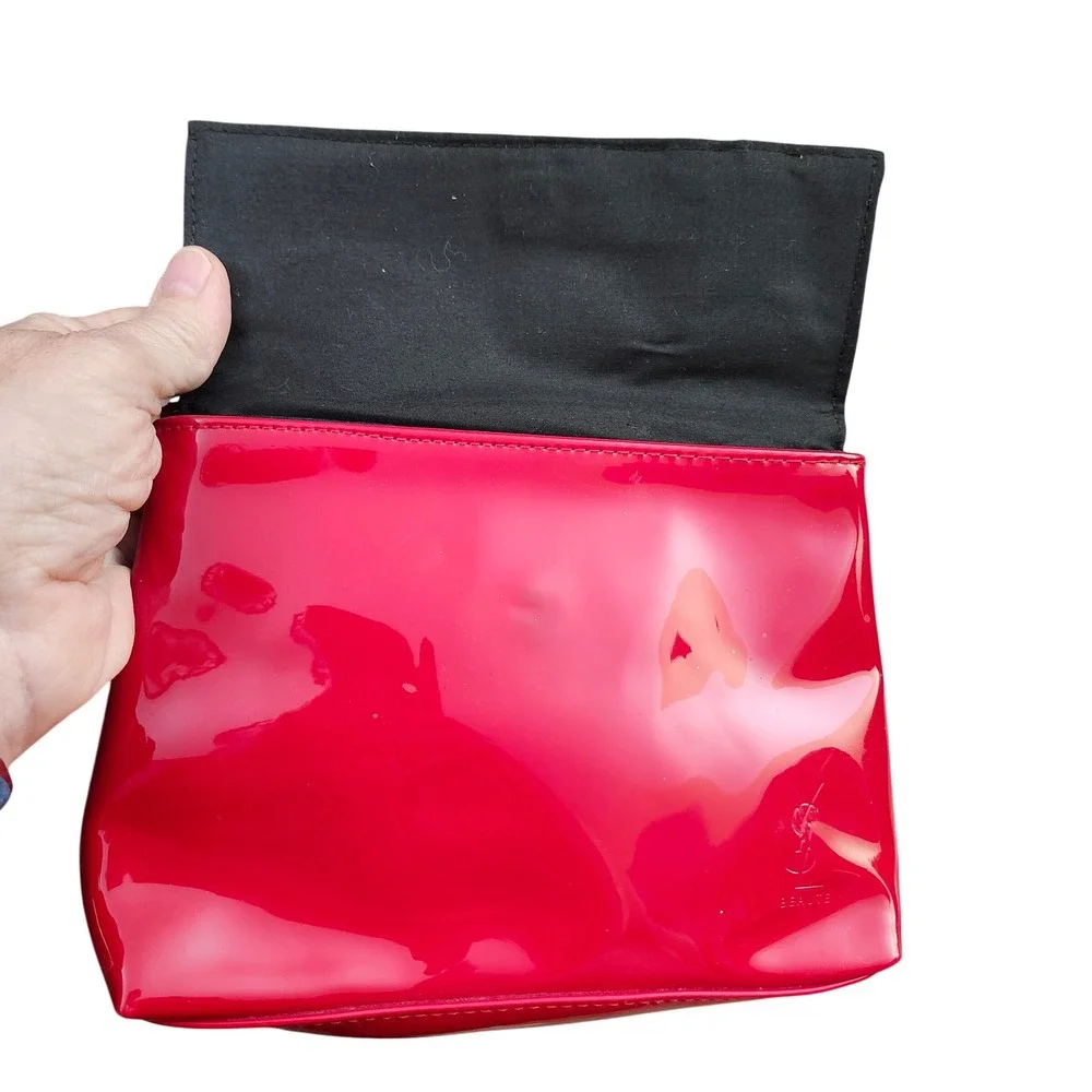 Yves Saint Laurent Beaute Red Patent Makeup Bag Clutch YSL Logo Gold Zipper Y2K